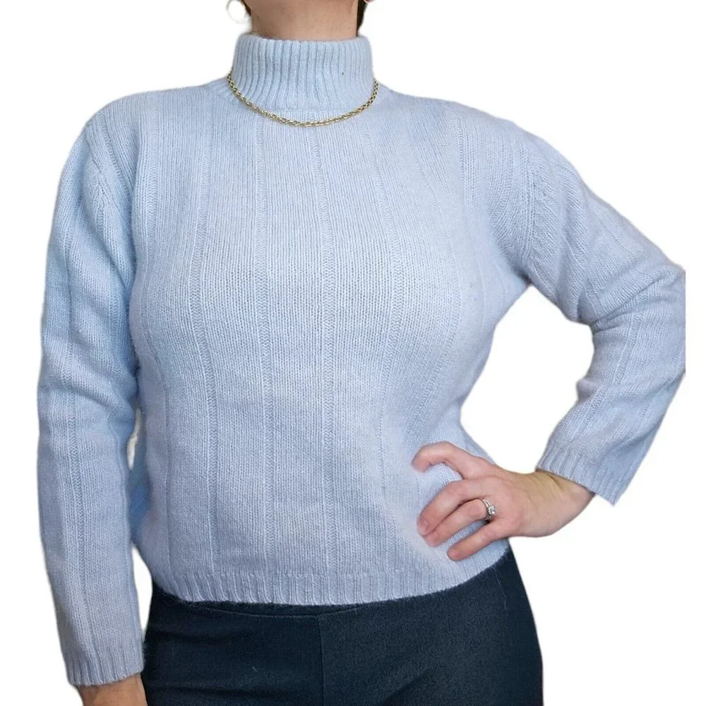 Light Gray Blue Ribbed Mockneck Wool Angora Sweater M/L Lambswool VTG 90s Pastel